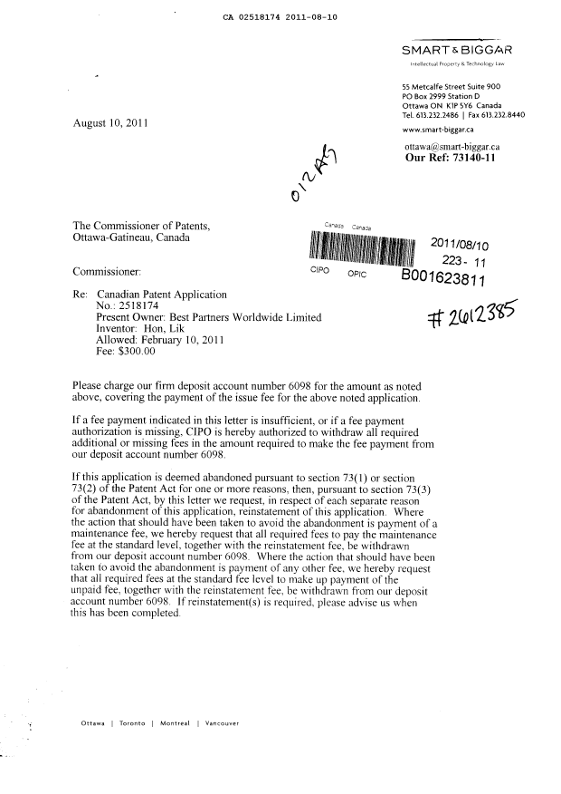 Document de brevet canadien 2518174. Correspondance 20110810. Image 1 de 2