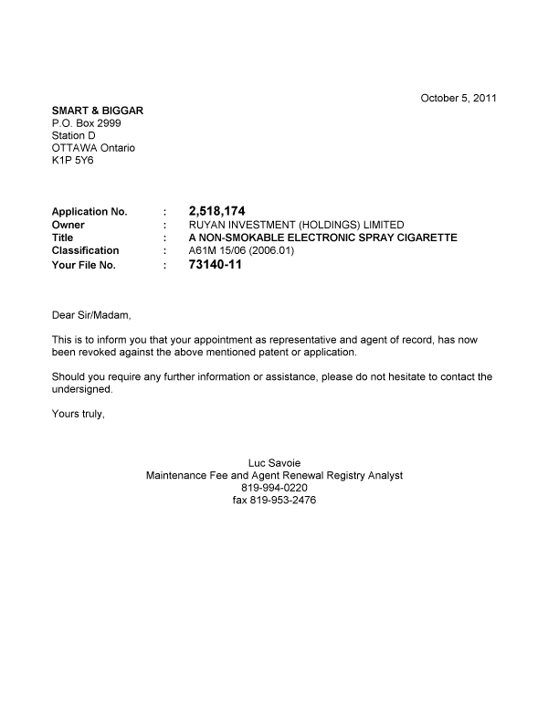 Document de brevet canadien 2518174. Correspondance 20111005. Image 1 de 1