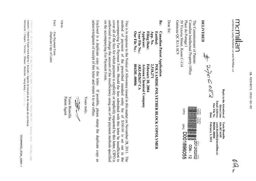 Document de brevet canadien 2518271. Correspondance 20120202. Image 1 de 1