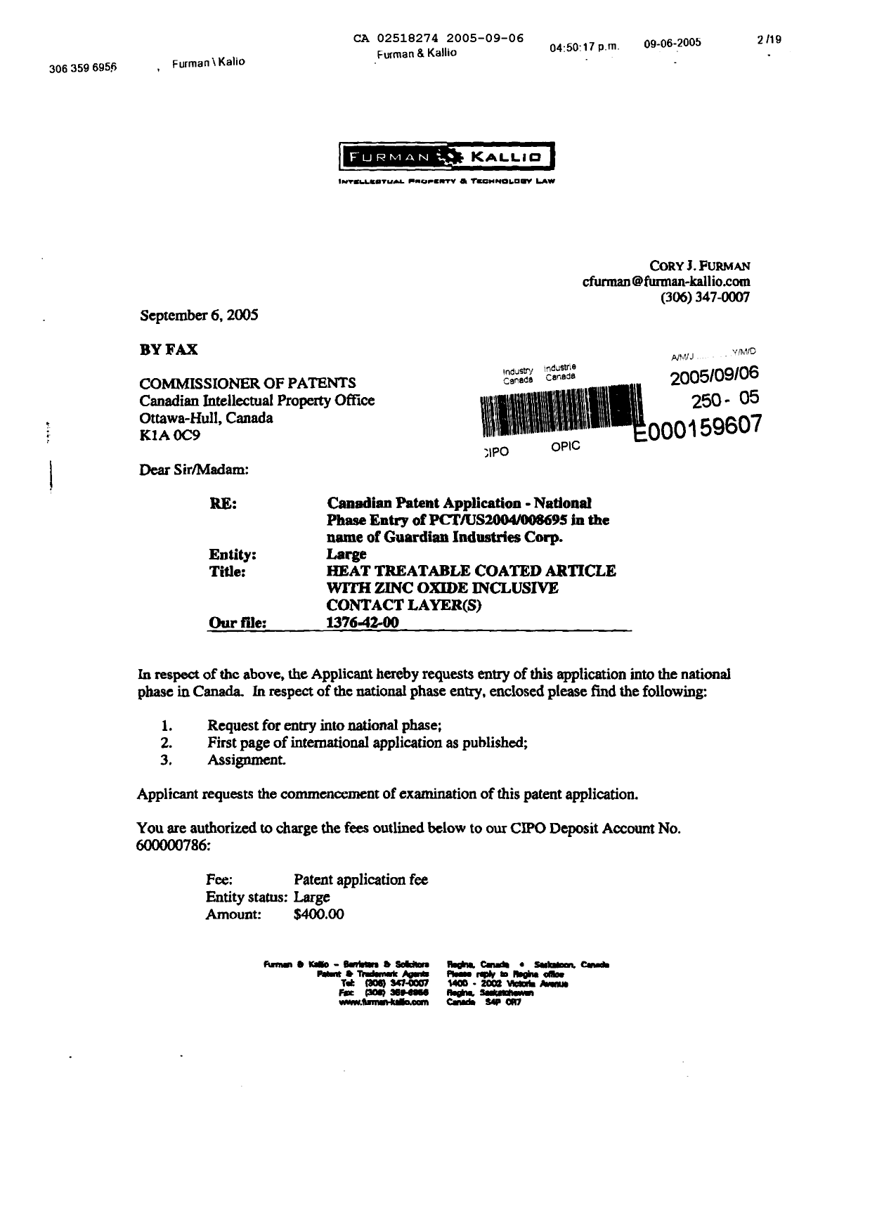 Canadian Patent Document 2518274. Assignment 20050906. Image 1 of 17