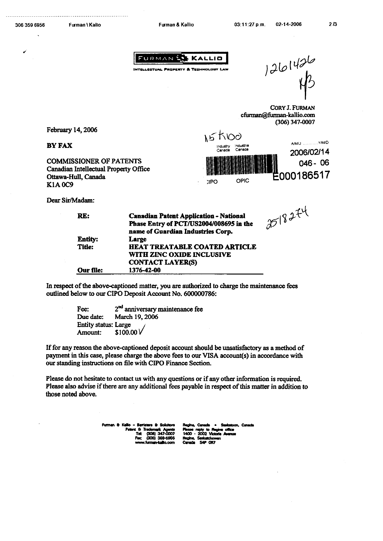 Document de brevet canadien 2518274. Taxes 20060214. Image 1 de 3