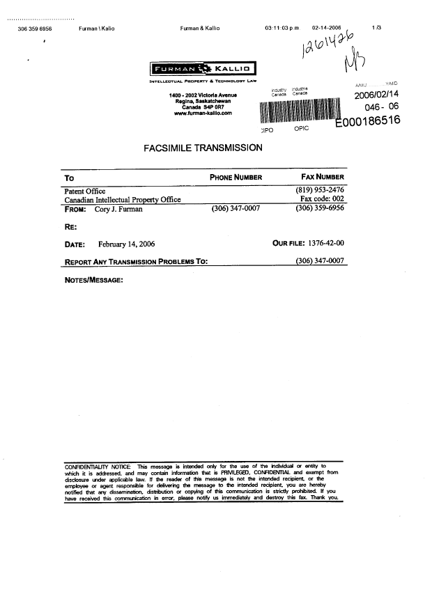 Document de brevet canadien 2518274. Taxes 20060214. Image 3 de 3