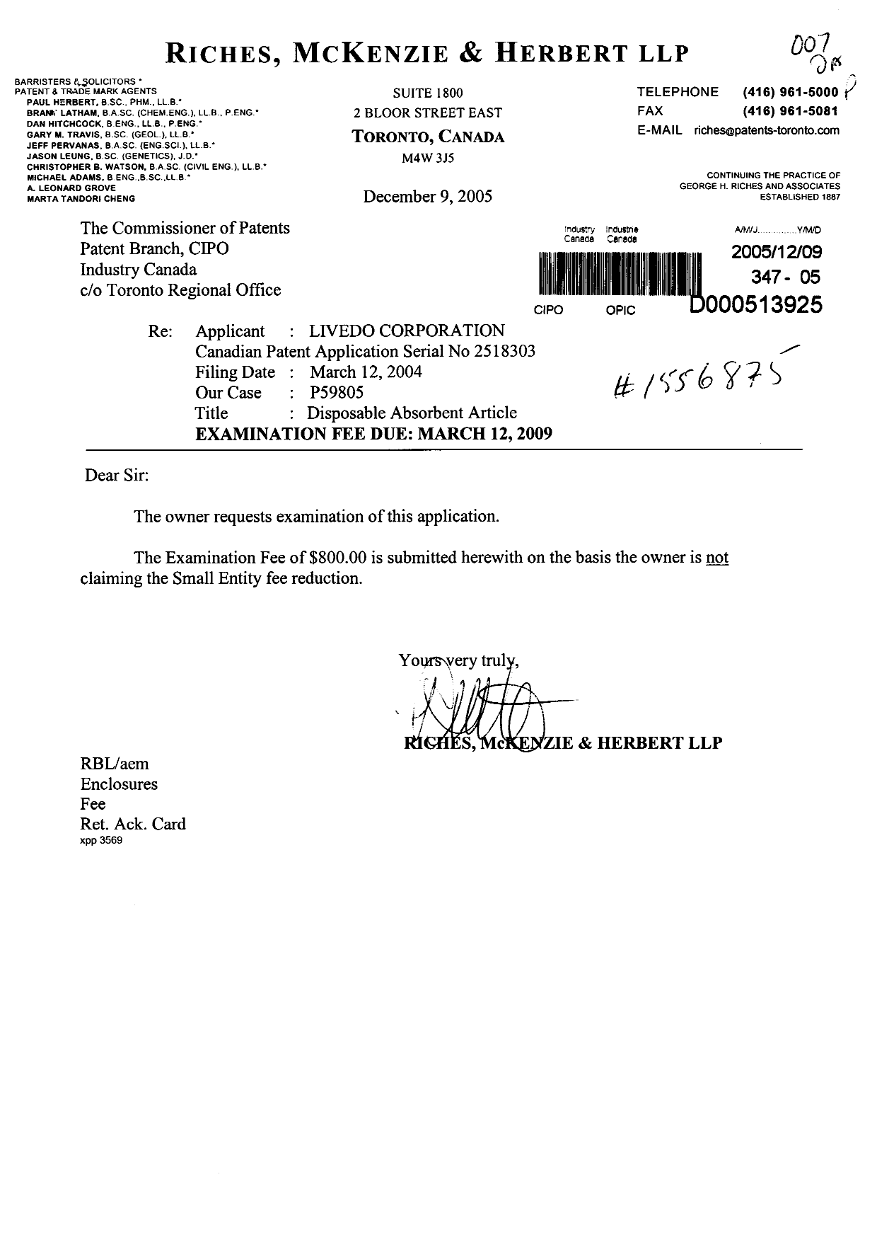 Document de brevet canadien 2518303. Poursuite-Amendment 20051209. Image 1 de 1