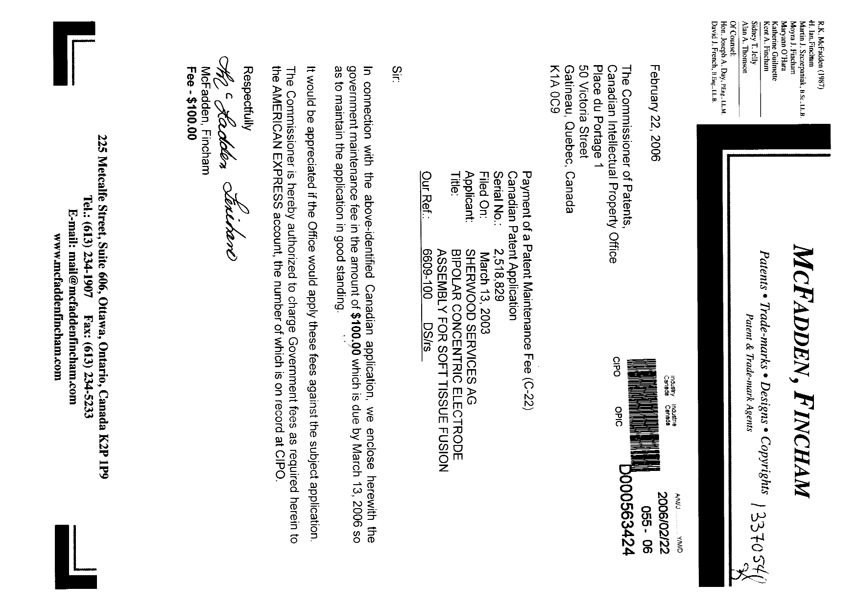 Document de brevet canadien 2518829. Taxes 20051222. Image 1 de 1