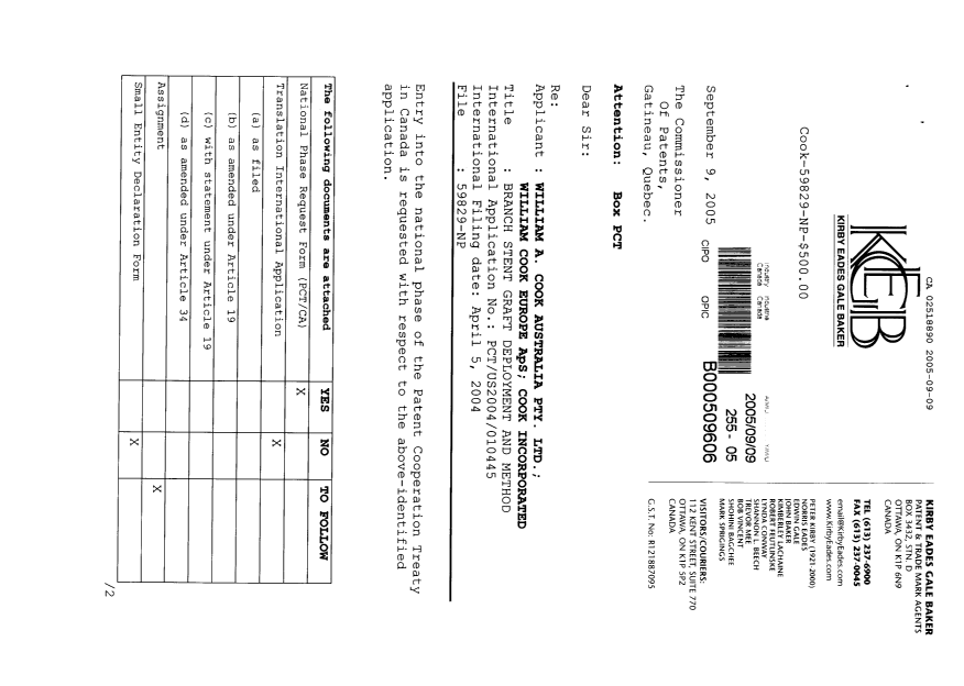 Document de brevet canadien 2518890. Cession 20050909. Image 1 de 4