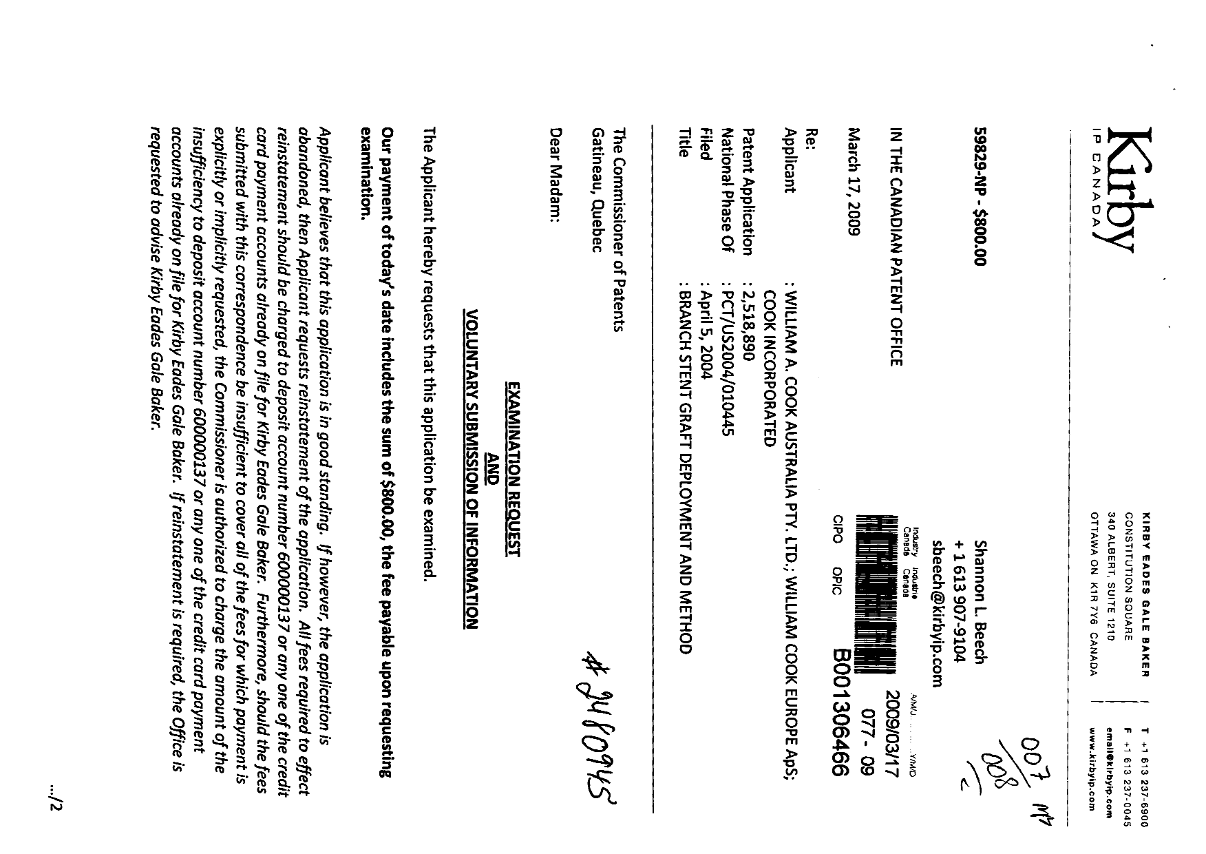 Canadian Patent Document 2518890. Prosecution-Amendment 20090317. Image 1 of 2