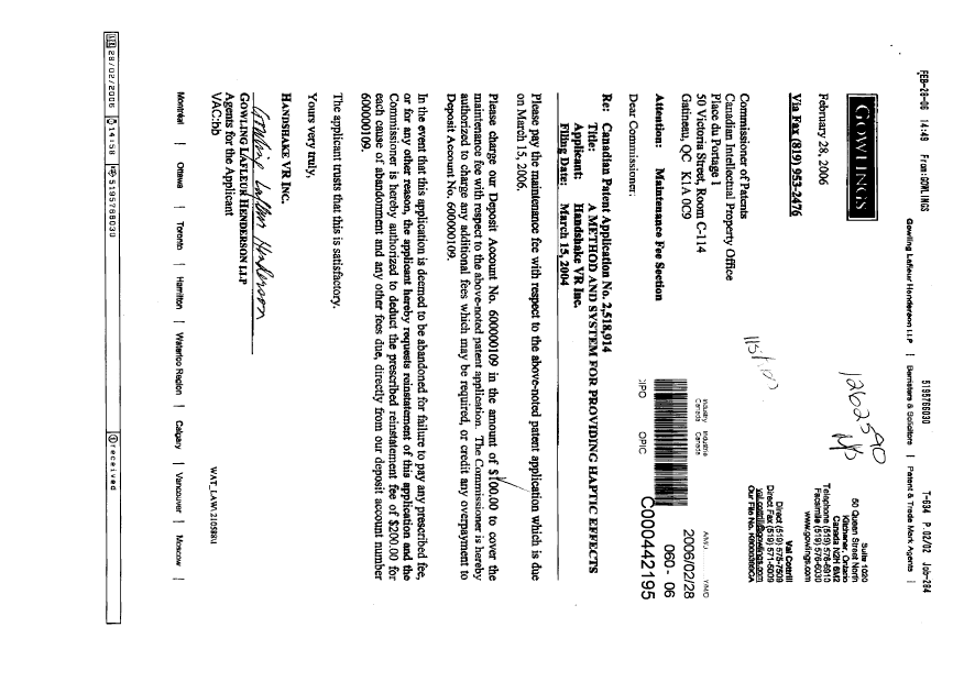 Canadian Patent Document 2518914. Fees 20060228. Image 1 of 2