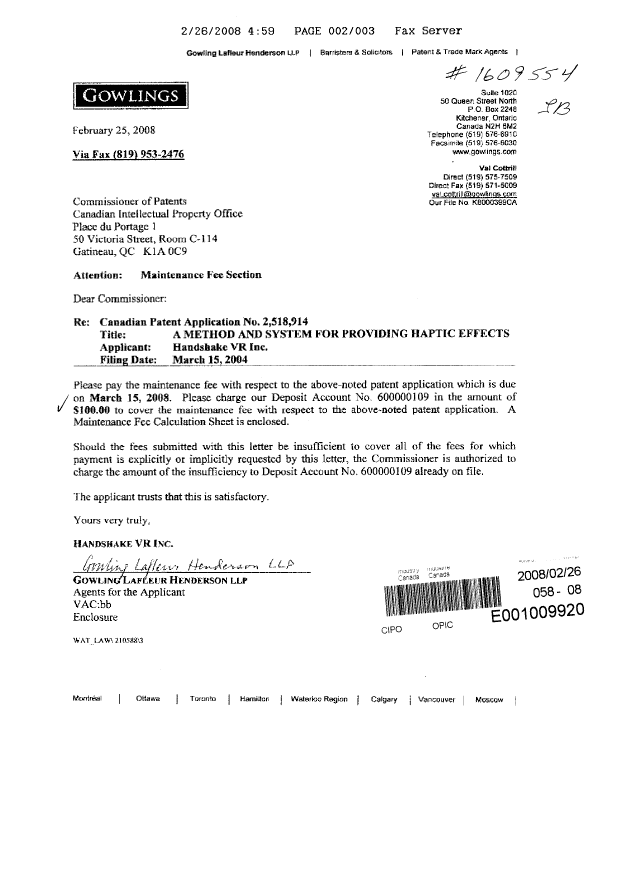 Canadian Patent Document 2518914. Fees 20080226. Image 1 of 3