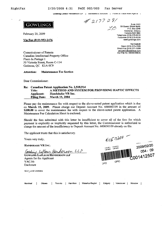 Canadian Patent Document 2518914. Fees 20090220. Image 1 of 3