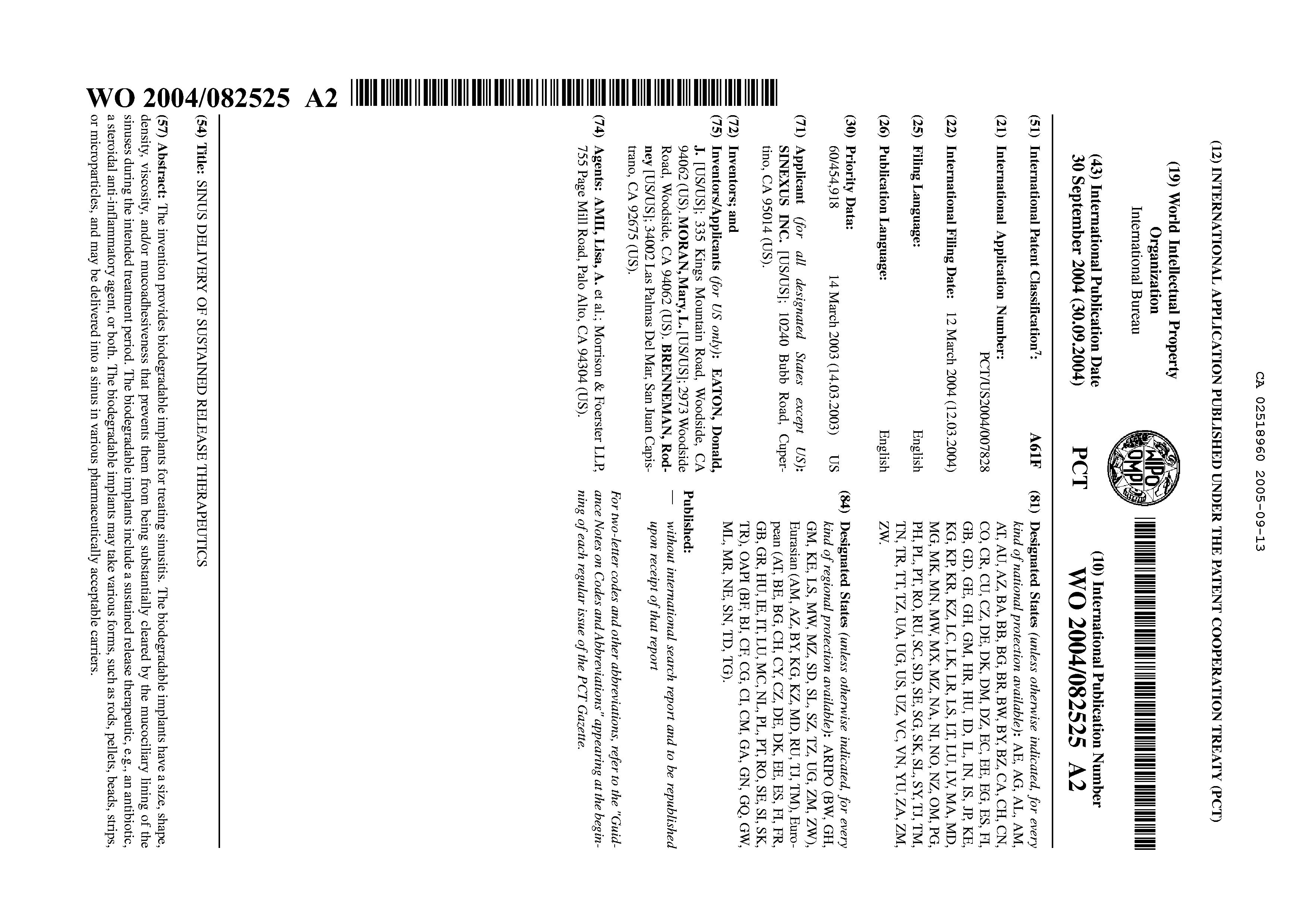Canadian Patent Document 2518960. Abstract 20041213. Image 1 of 1