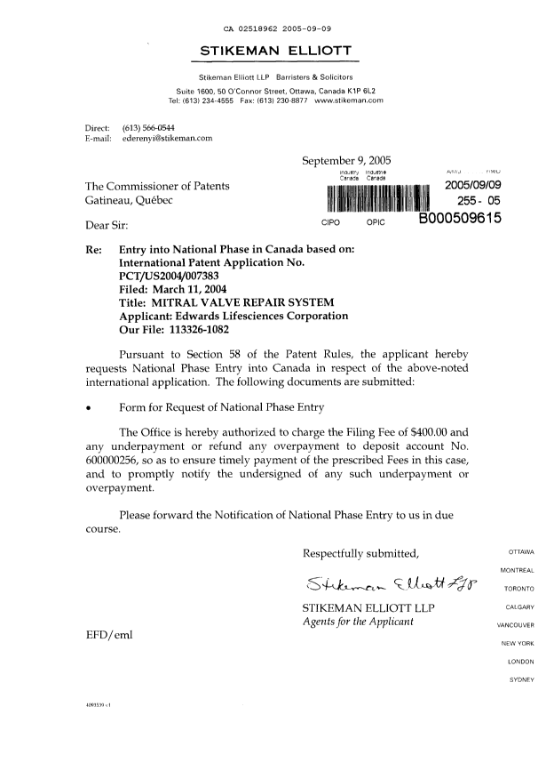 Document de brevet canadien 2518962. Cession 20050909. Image 1 de 3