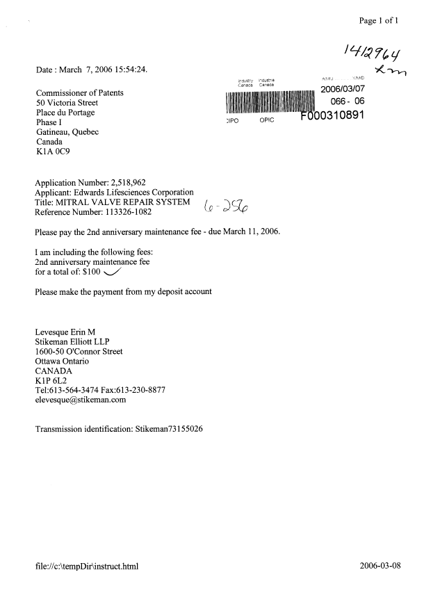 Document de brevet canadien 2518962. Taxes 20060307. Image 1 de 1
