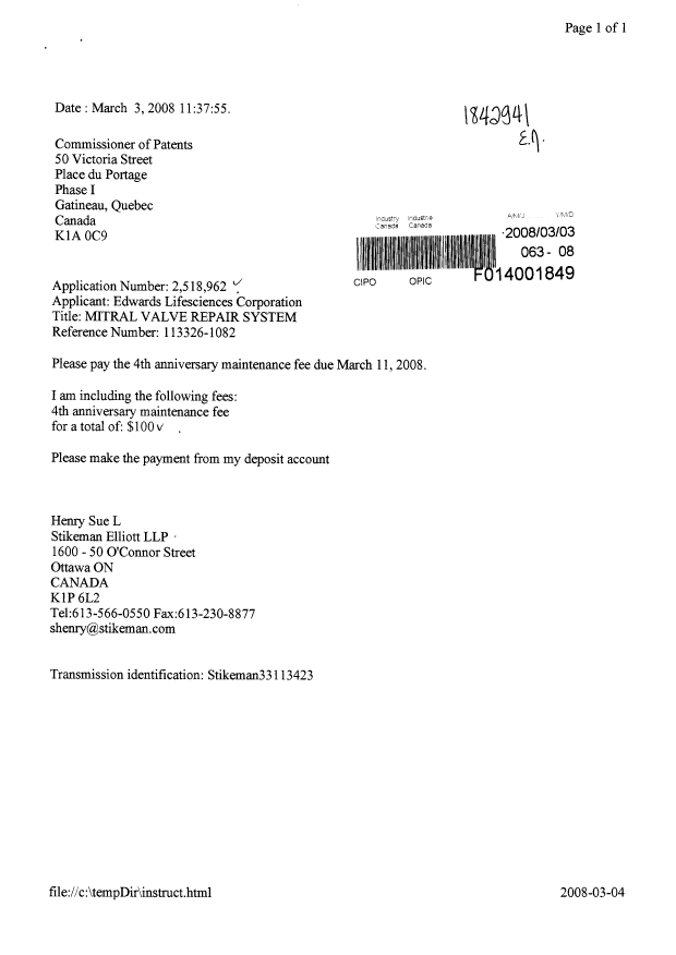 Document de brevet canadien 2518962. Taxes 20080303. Image 1 de 1