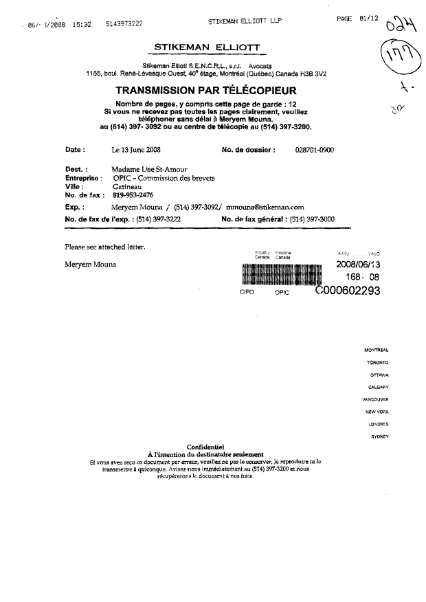 Document de brevet canadien 2518962. Correspondance 20080613. Image 1 de 12
