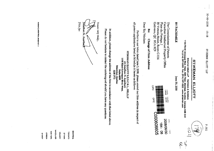 Canadian Patent Document 2518962. Correspondence 20080630. Image 1 of 13