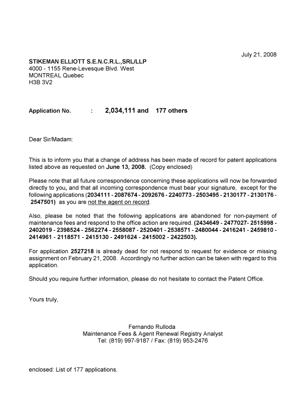 Document de brevet canadien 2518962. Correspondance 20080721. Image 1 de 1
