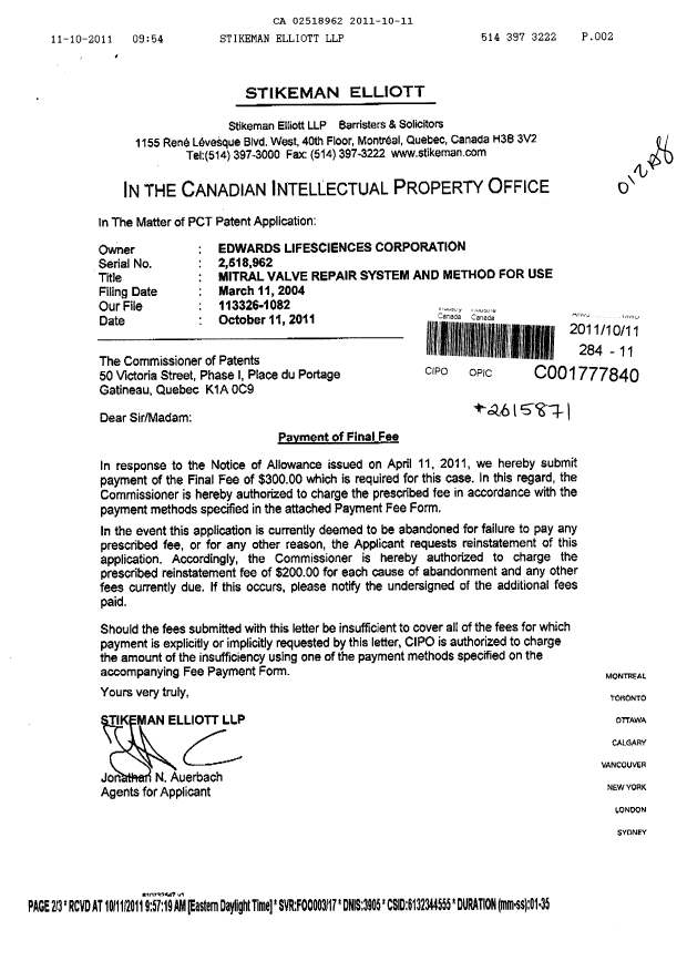 Canadian Patent Document 2518962. Correspondence 20111011. Image 1 of 2