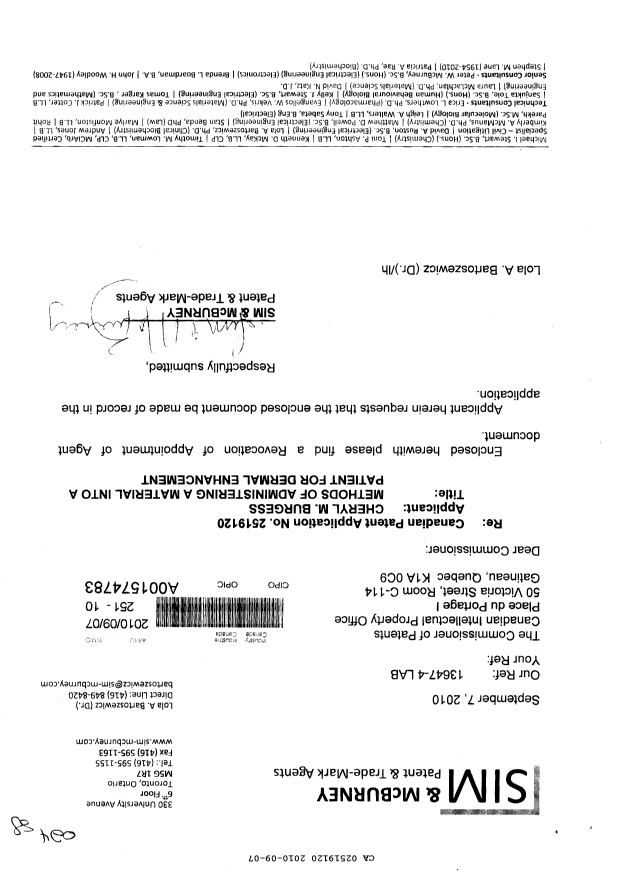 Canadian Patent Document 2519120. Correspondence 20100907. Image 1 of 2