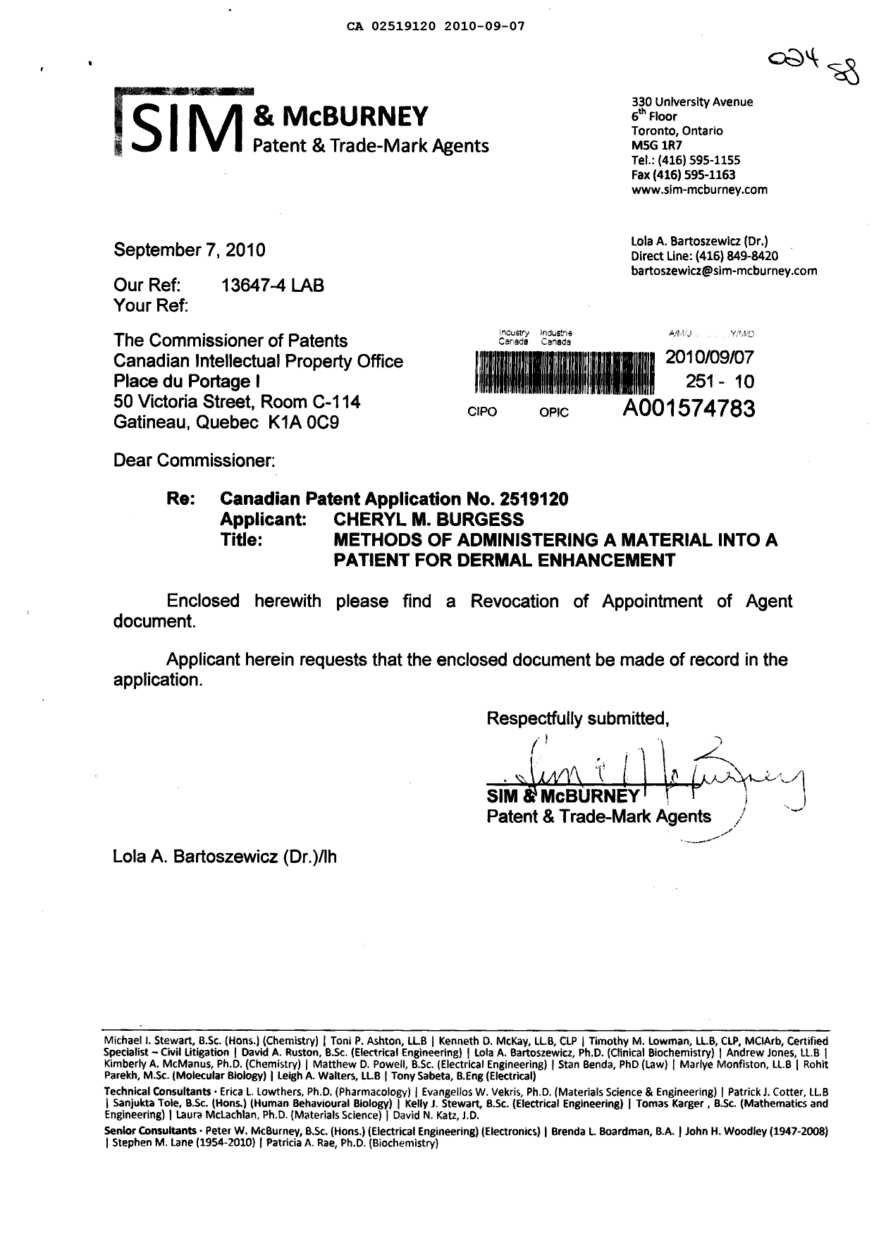 Document de brevet canadien 2519120. Correspondance 20100907. Image 1 de 2