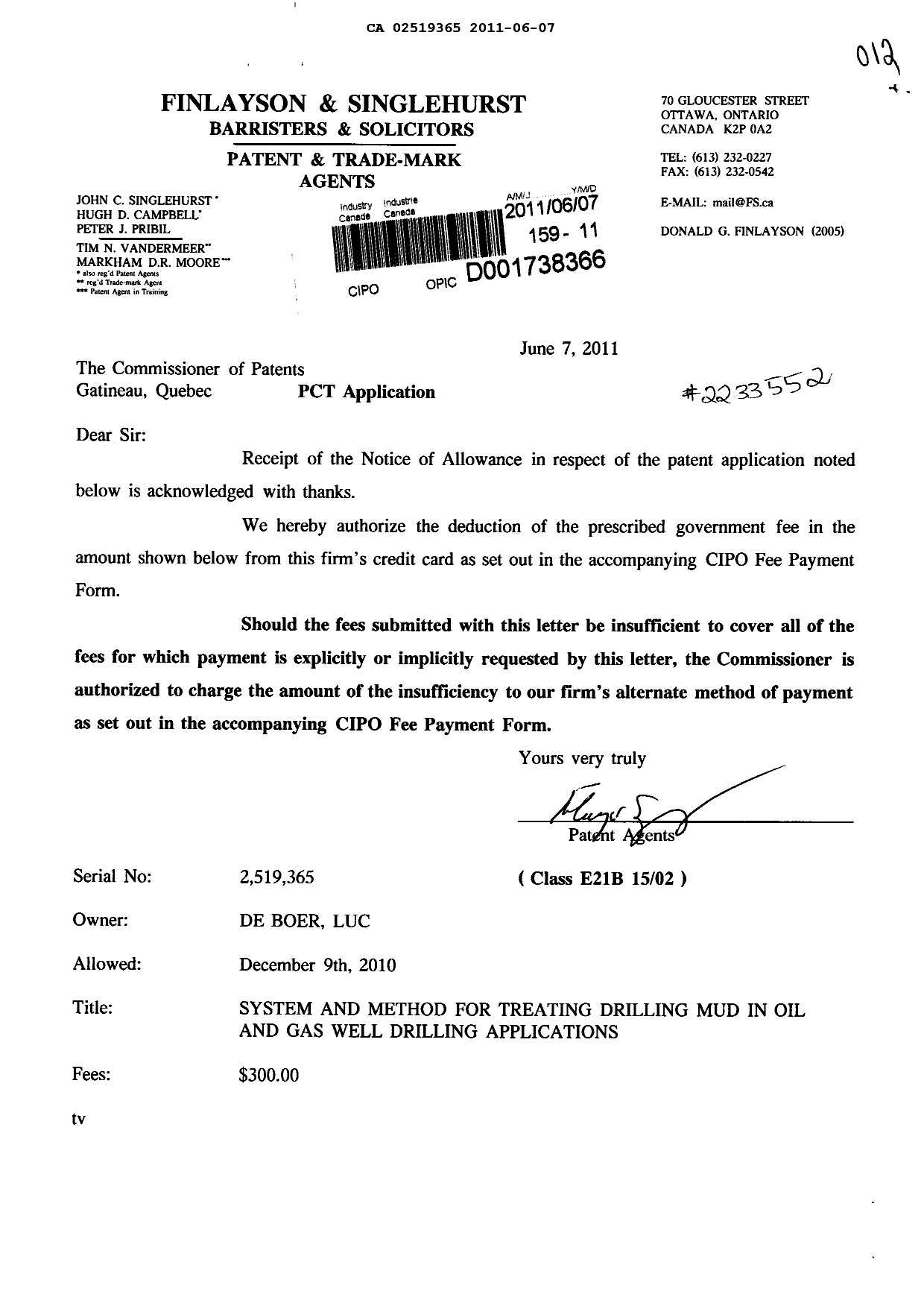 Document de brevet canadien 2519365. Correspondance 20110607. Image 1 de 1