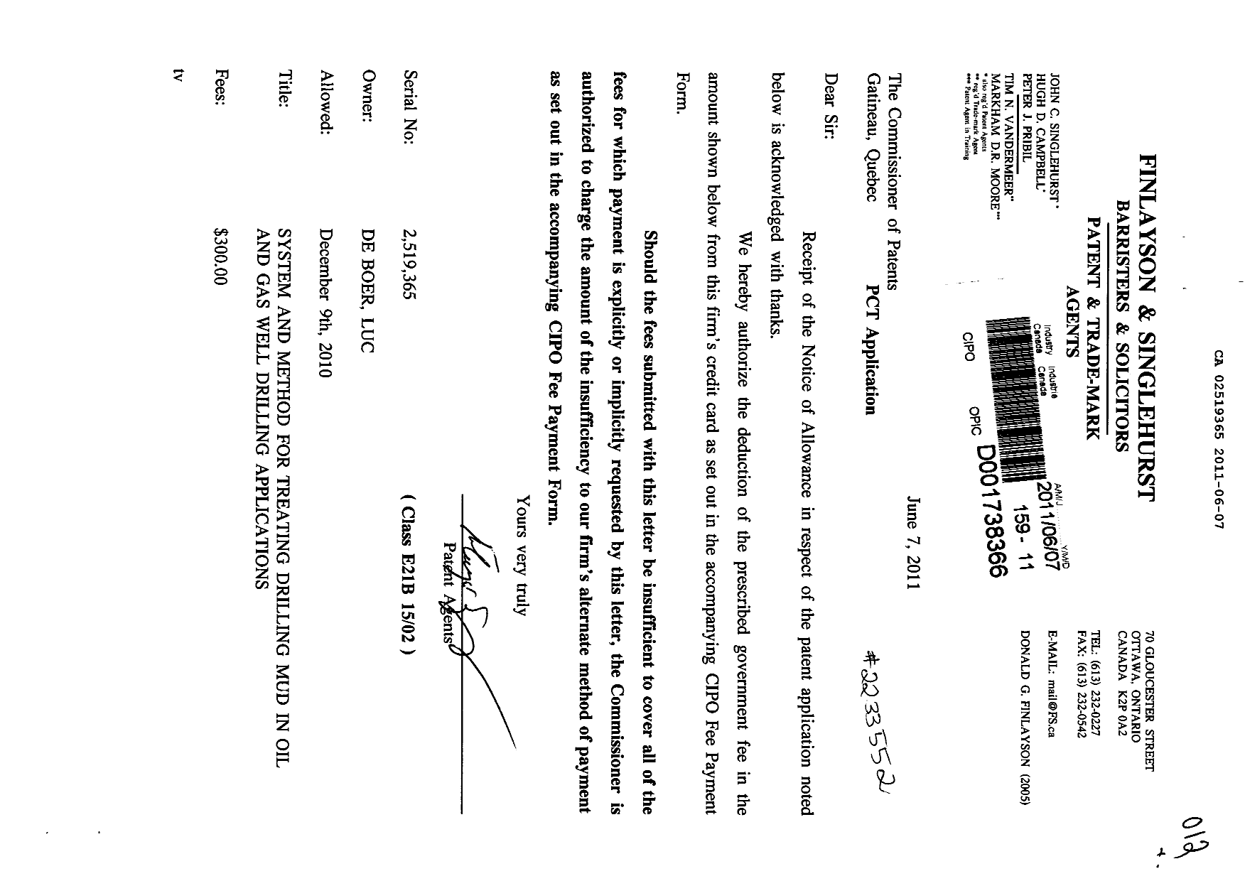Canadian Patent Document 2519365. Correspondence 20110607. Image 1 of 1