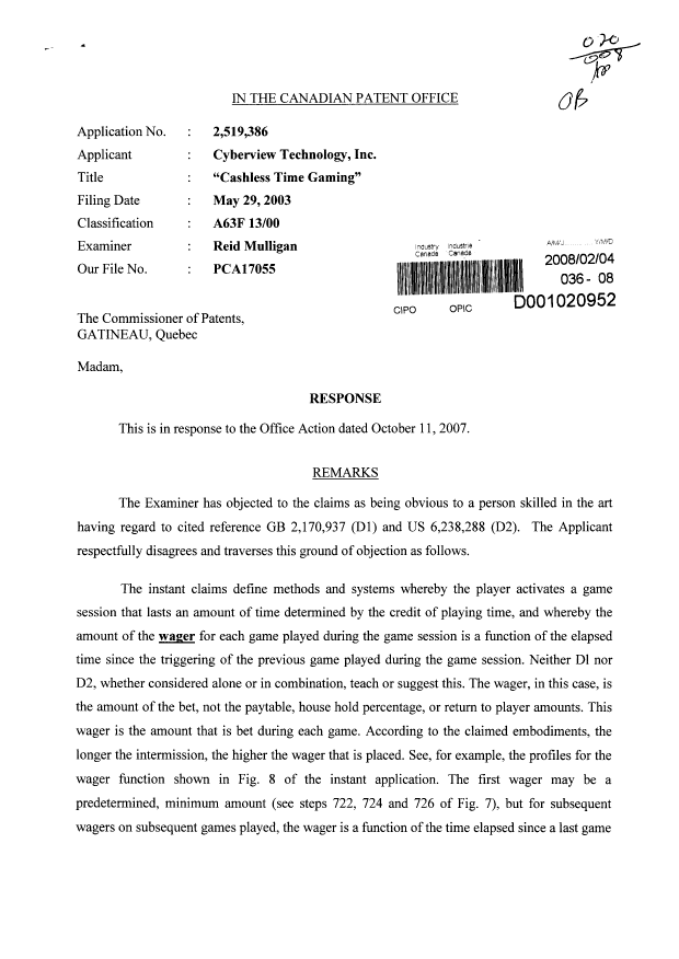 Document de brevet canadien 2519386. Correspondance 20080204. Image 1 de 3
