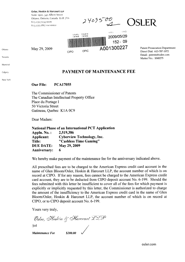 Document de brevet canadien 2519386. Taxes 20090529. Image 1 de 1