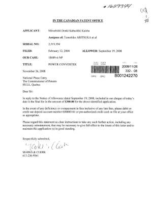 Document de brevet canadien 2519394. Correspondance 20081126. Image 1 de 1