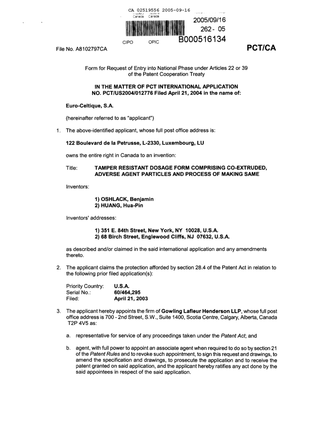 Document de brevet canadien 2519556. Cession 20050916. Image 2 de 3