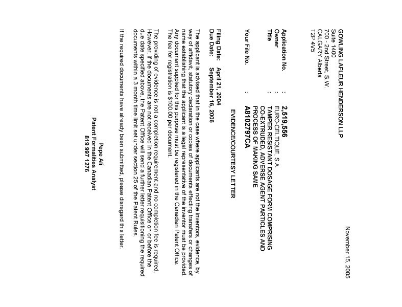 Document de brevet canadien 2519556. Correspondance 20051109. Image 1 de 1