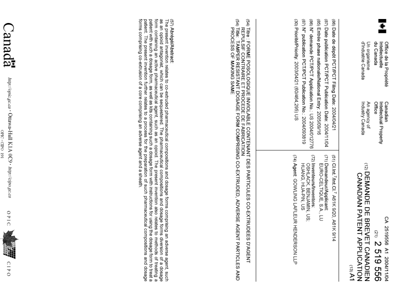 Document de brevet canadien 2519556. Page couverture 20051114. Image 1 de 1