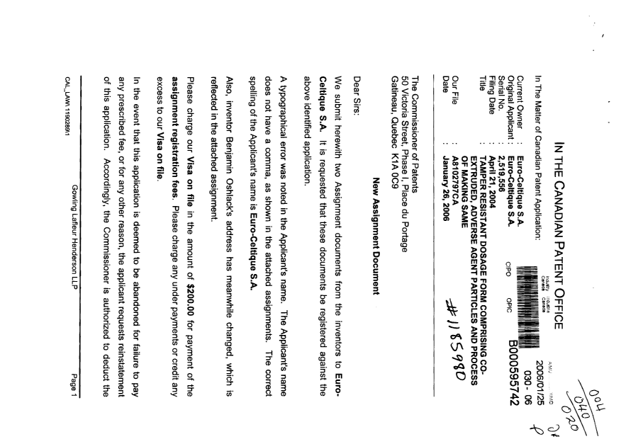 Document de brevet canadien 2519556. Cession 20060125. Image 1 de 6