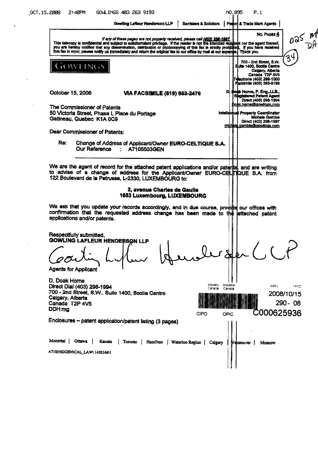 Document de brevet canadien 2519556. Cession 20081015. Image 1 de 4