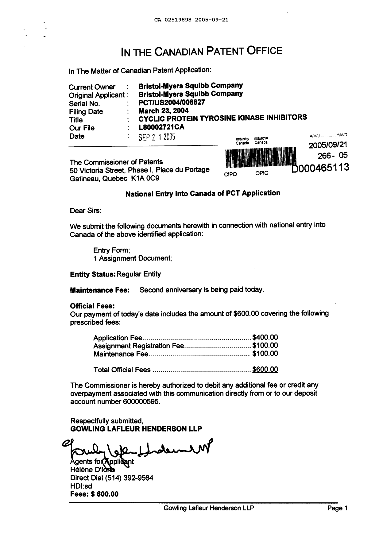 Document de brevet canadien 2519898. Cession 20050921. Image 1 de 15
