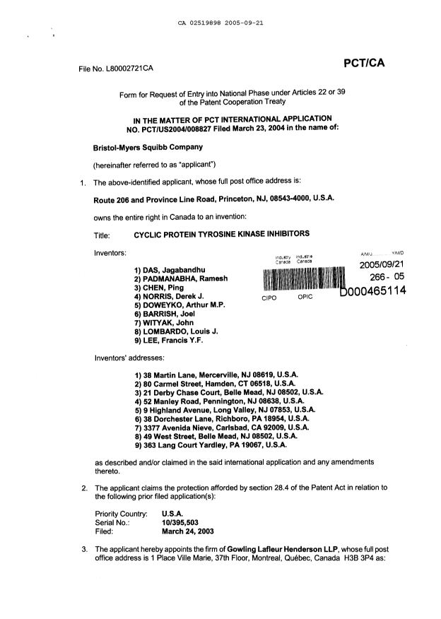 Document de brevet canadien 2519898. Cession 20050921. Image 2 de 15