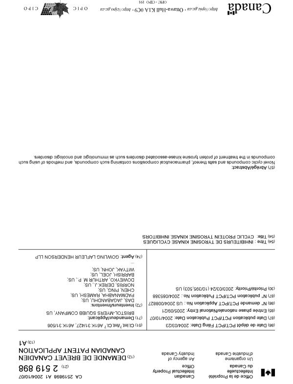 Document de brevet canadien 2519898. Page couverture 20051118. Image 1 de 2