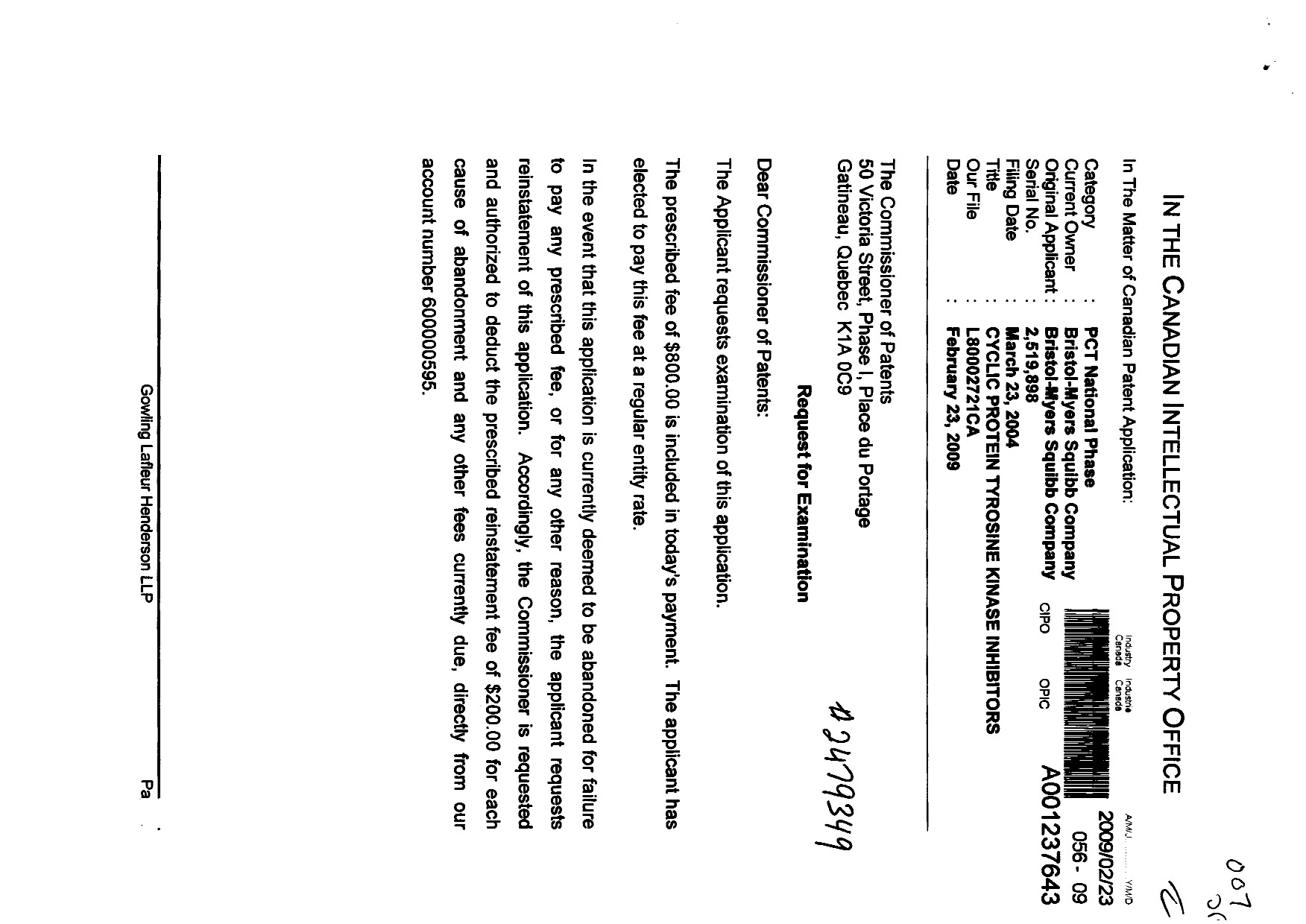 Canadian Patent Document 2519898. Prosecution-Amendment 20081223. Image 1 of 2