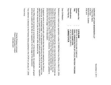 Document de brevet canadien 2519898. Correspondance 20111104. Image 1 de 1