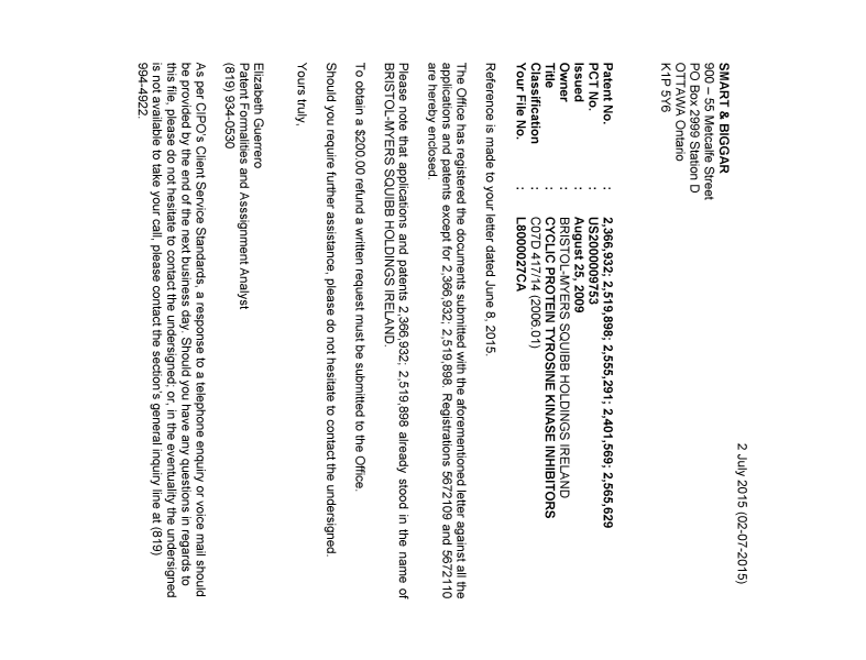 Document de brevet canadien 2519898. Correspondance 20141229. Image 1 de 1