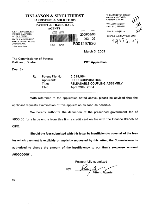Canadian Patent Document 2519984. Prosecution-Amendment 20090303. Image 1 of 1