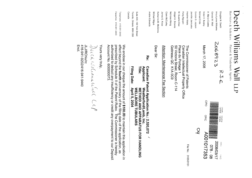 Document de brevet canadien 2520072. Taxes 20080317. Image 1 de 1