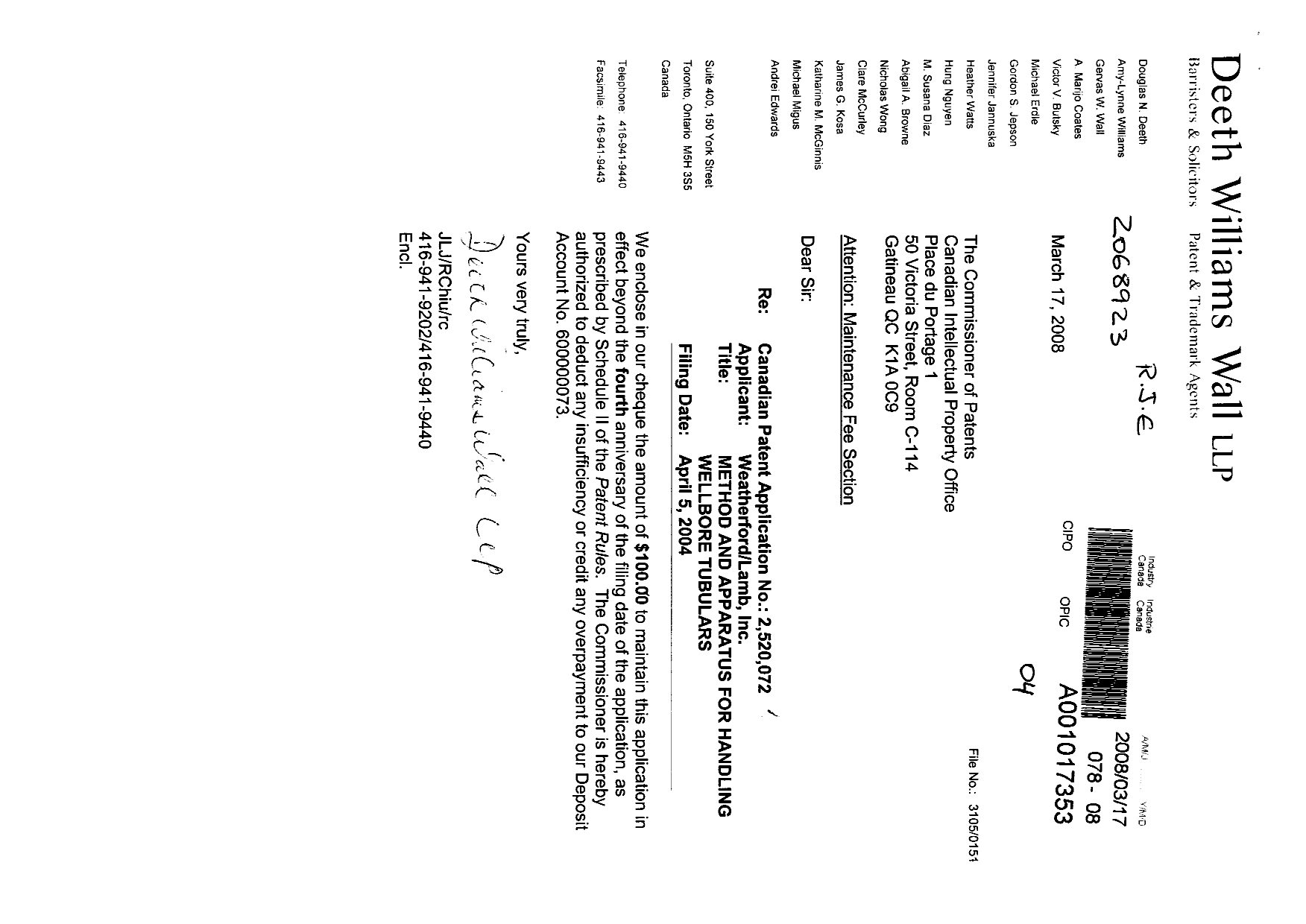 Canadian Patent Document 2520072. Fees 20080317. Image 1 of 1