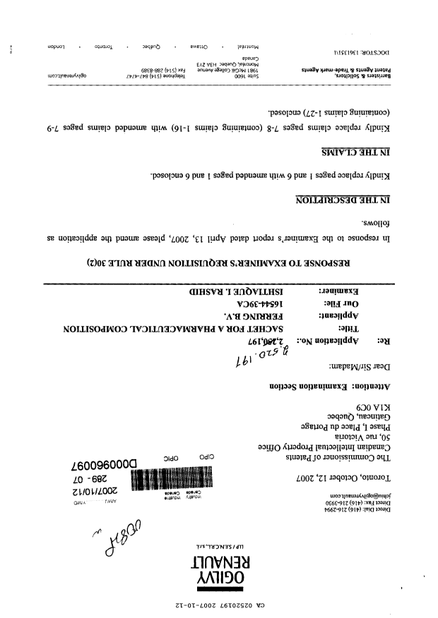 Canadian Patent Document 2520197. Prosecution-Amendment 20071012. Image 1 of 10