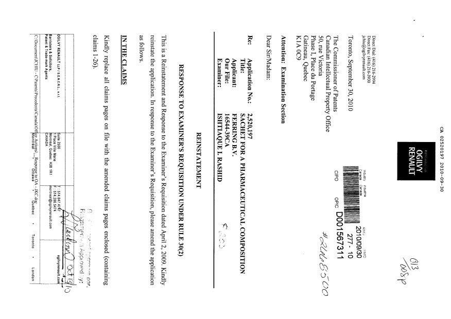 Canadian Patent Document 2520197. Prosecution-Amendment 20100930. Image 1 of 8