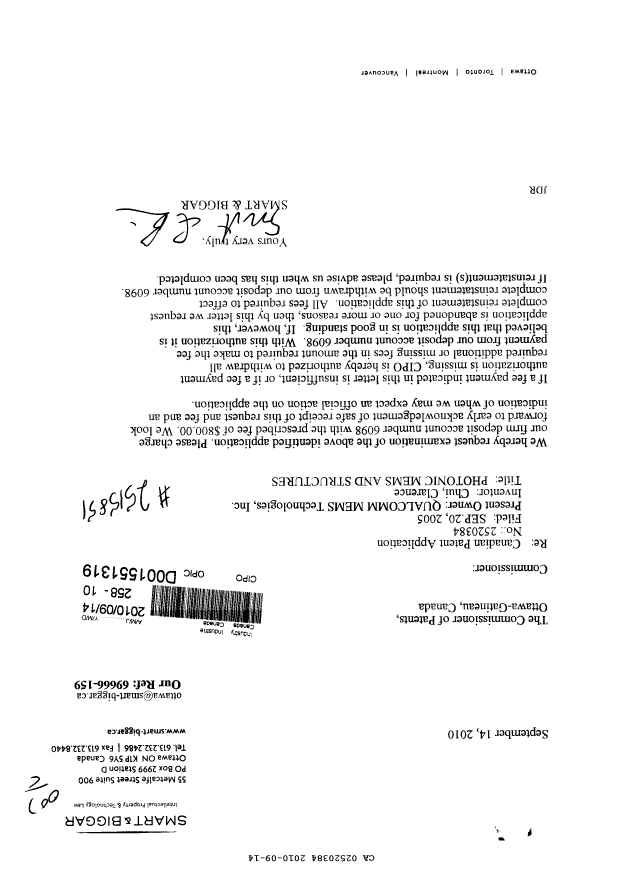 Canadian Patent Document 2520384. Prosecution-Amendment 20100914. Image 1 of 1