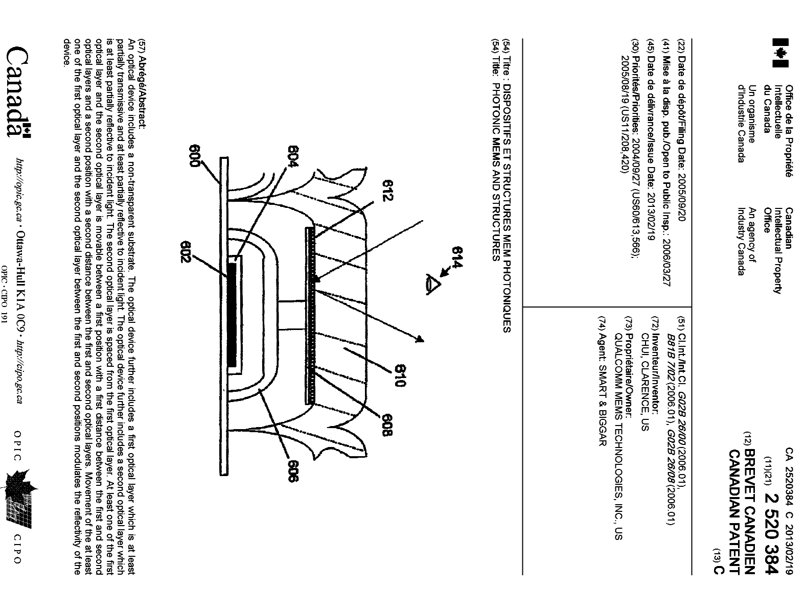 Canadian Patent Document 2520384. Cover Page 20130123. Image 1 of 1