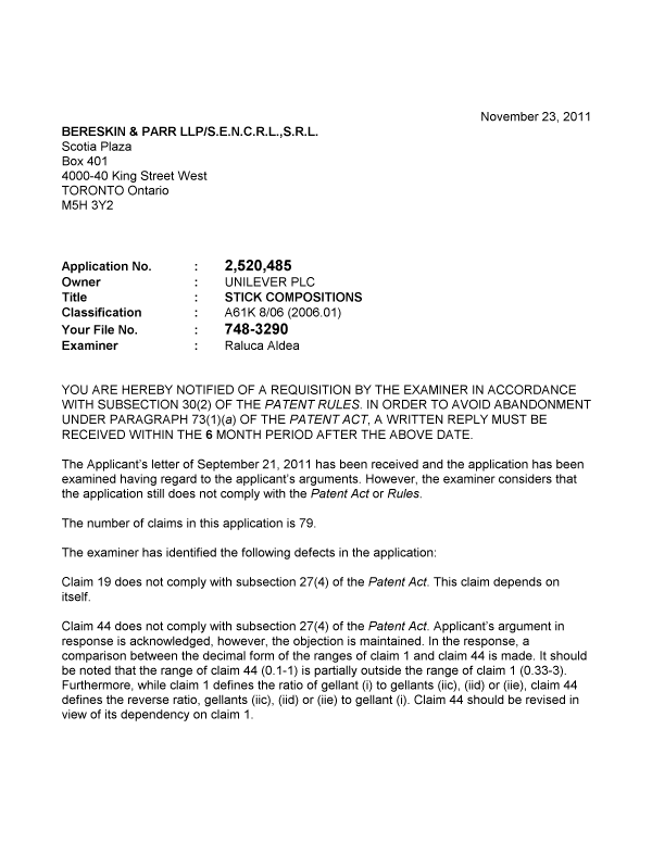 Canadian Patent Document 2520485. Prosecution-Amendment 20111123. Image 1 of 2