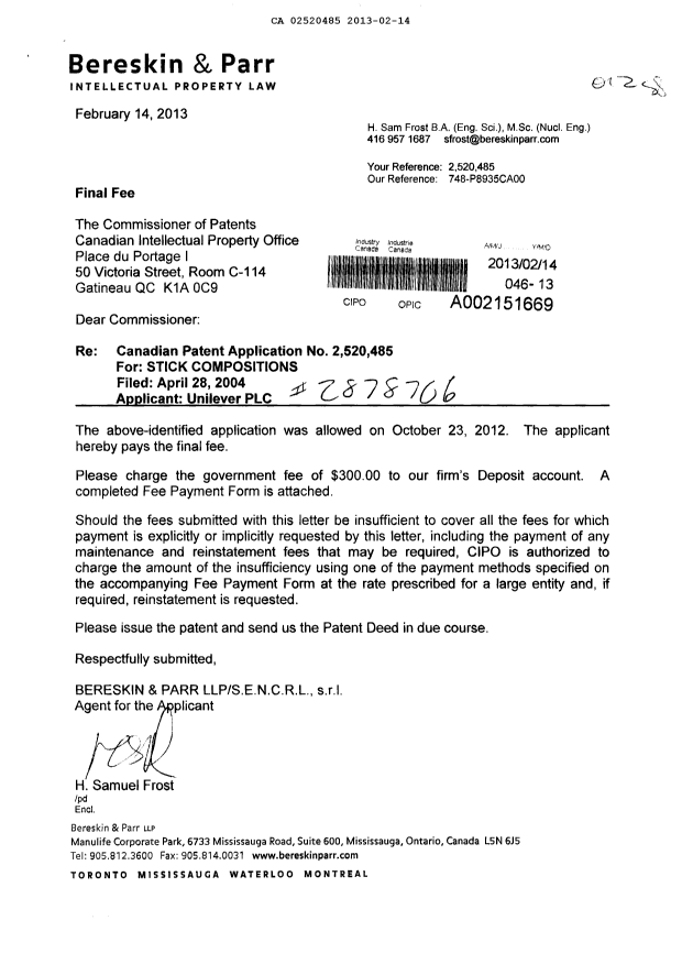Canadian Patent Document 2520485. Correspondence 20130214. Image 1 of 1