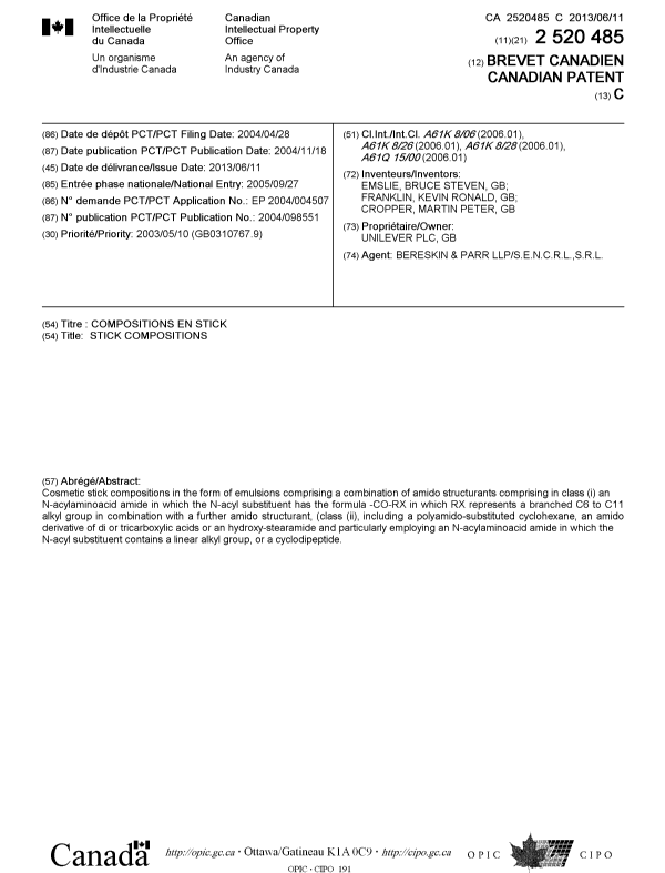 Canadian Patent Document 2520485. Cover Page 20130522. Image 1 of 1
