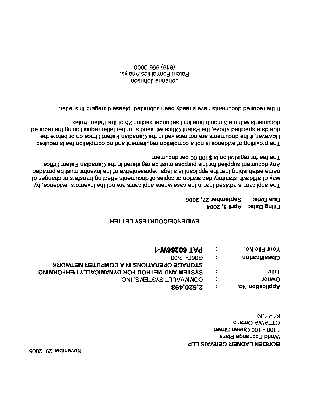 Canadian Patent Document 2520498. Correspondence 20041223. Image 1 of 1